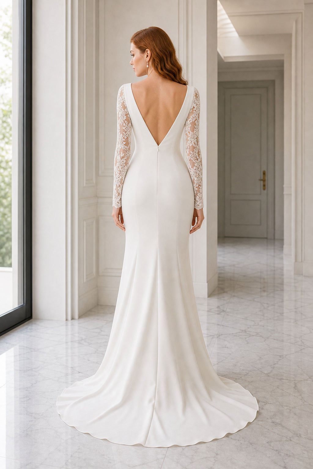 White Square A-Line Crepe Floor-length Wedding Dress With Beaded Bodice and Pleated Skirt and Open Back