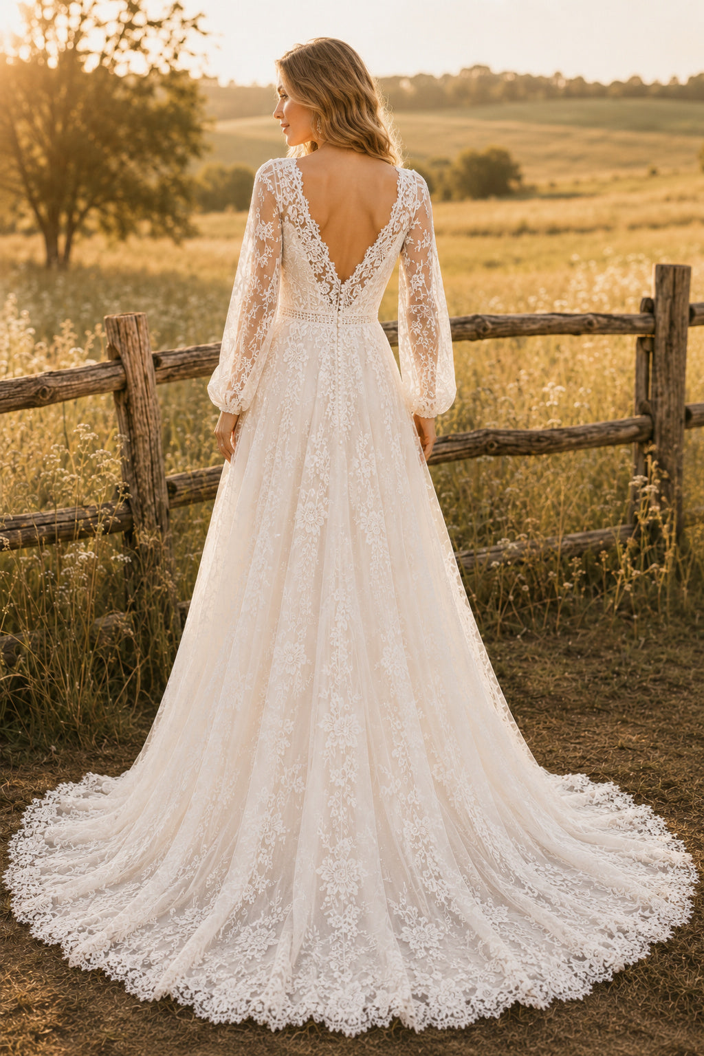 Ivory V-Neck Long Sleeve Lace A-Line Wedding Dress with Illusion Back and Chapel Train back view