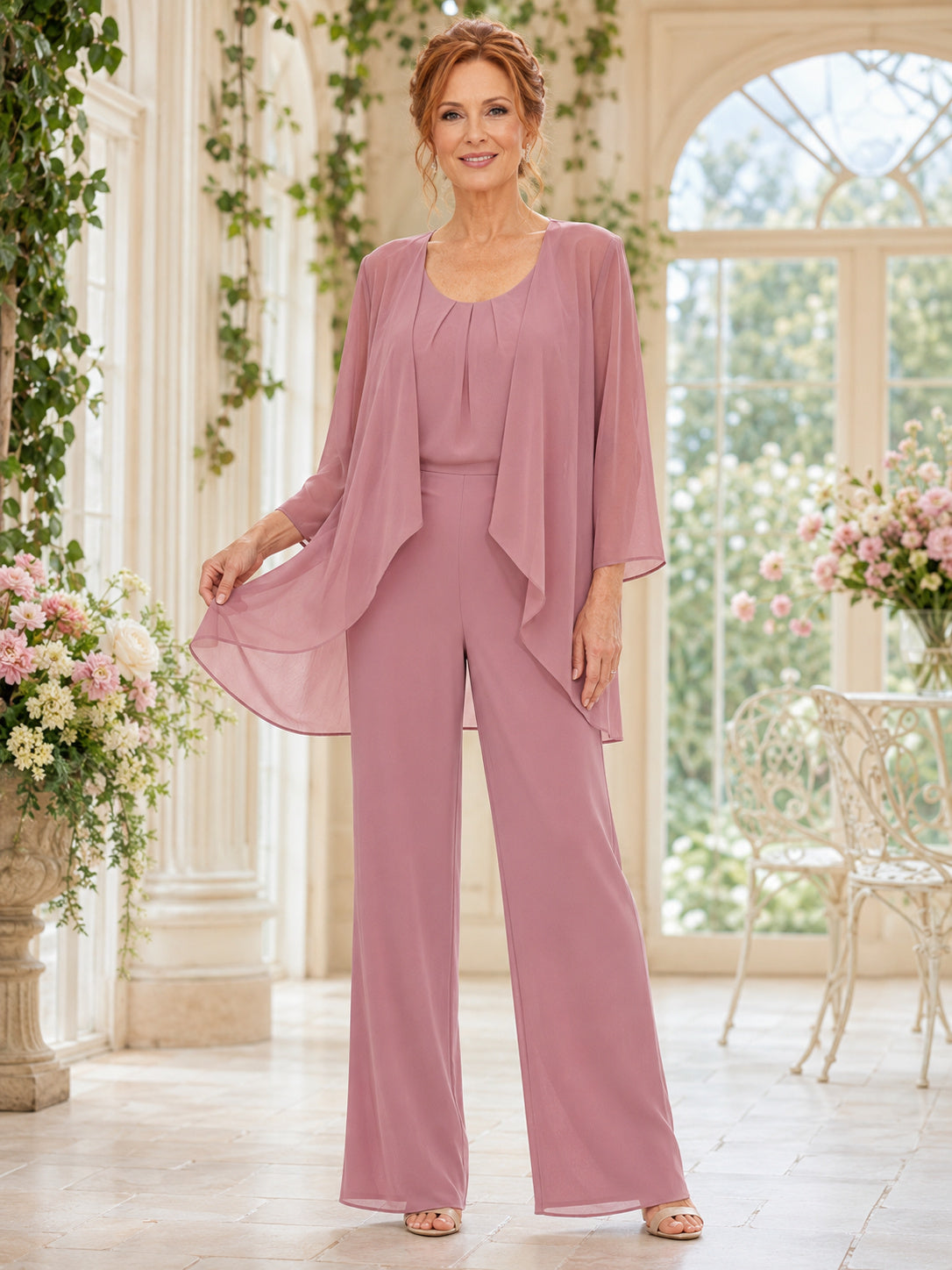 Mother Dusty Rose Chiffon Pantsuit with Jewel Neck Cape Overlay and Wide Leg Pants front view