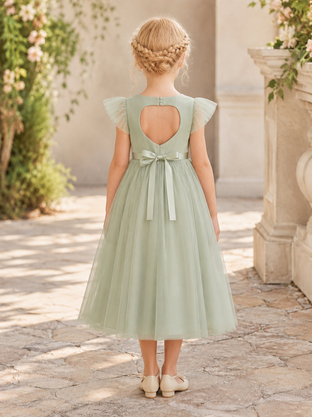 Flower Girl Dress Sage Tulle A-Line Short Sleeve Jewel Neck Tea Length Bow Detail back view