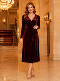 Burgundy Velvet Wrap V Neck Long Sleeve Tea Length Dress front view