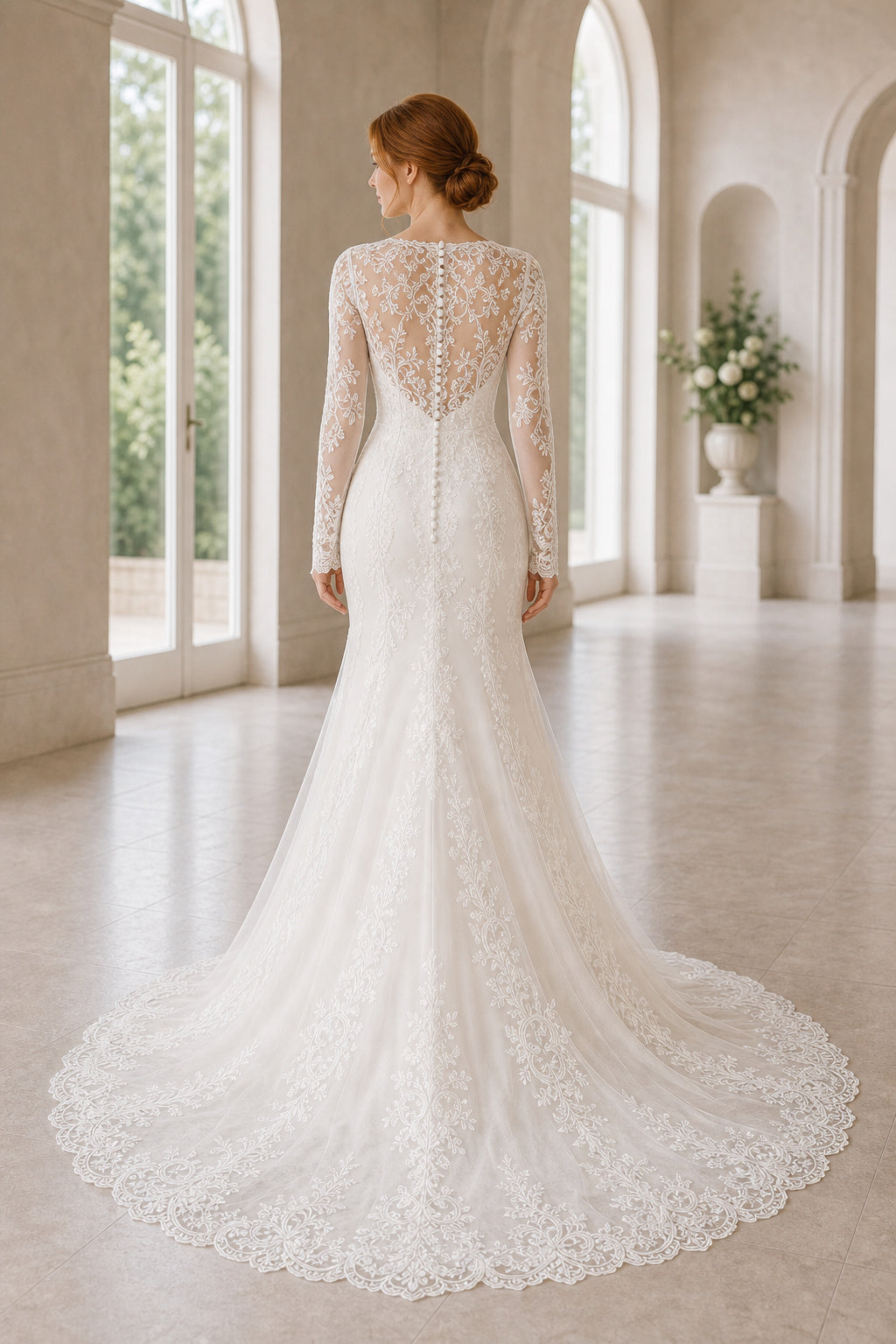 White Bateau Three-Quarter Sleeves Mermaid Lace Floor-length Wedding Dress With Lace and Lace Bodice and Open Back