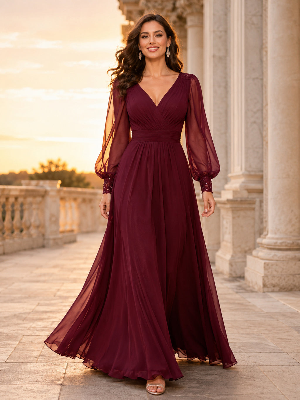 Burgundy V Neck Detachable Sleeve Chiffon Evening Dress front view