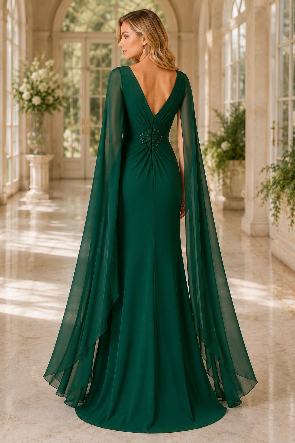 Dark Green Jewel Neck Sheath Evening Dress with Draped Cape Sleeves and V-Back back view