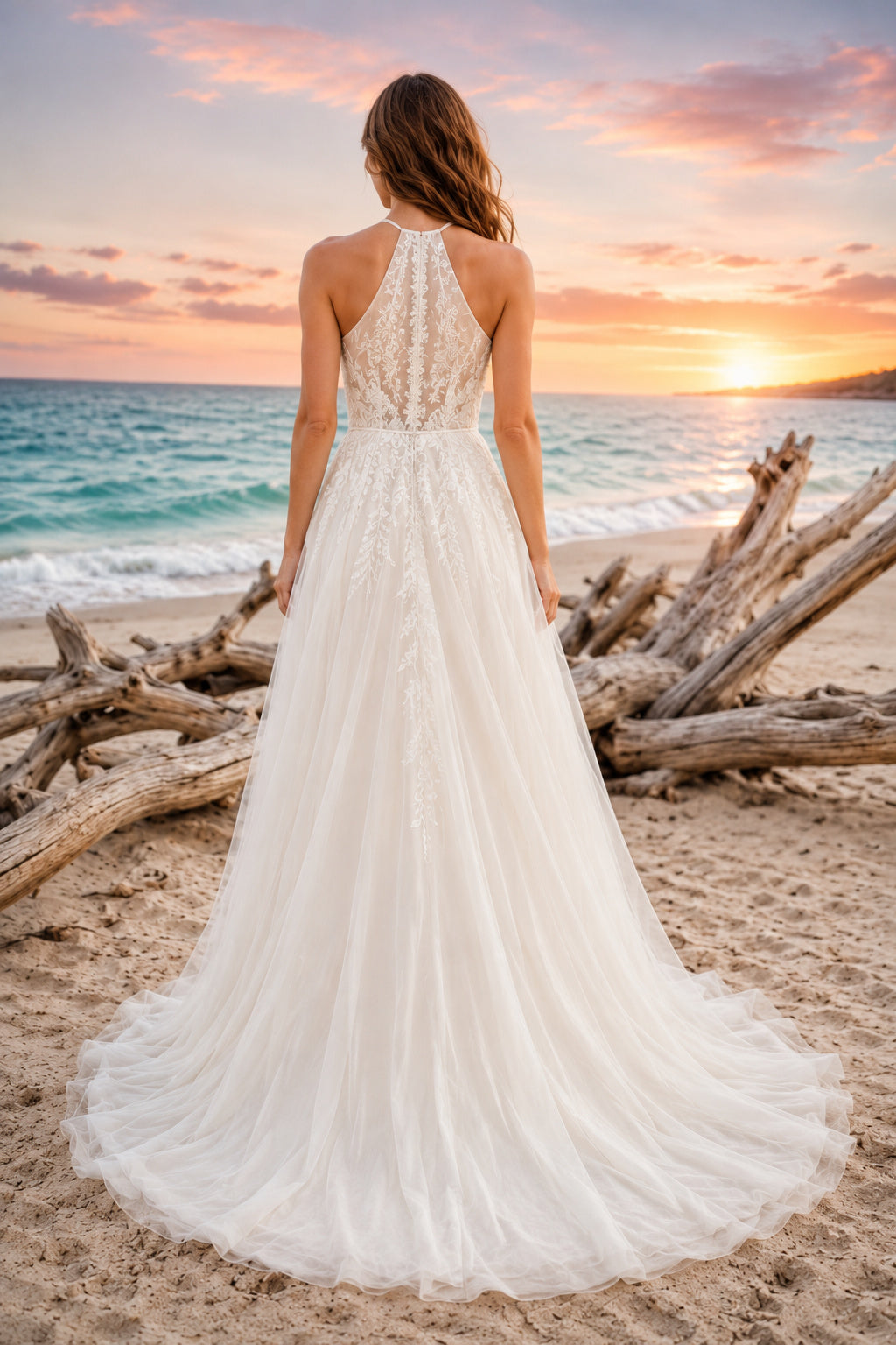 Ivory Halter High Neck Lace Tulle A-Line Wedding Dress Keyhole Back for Bridal Ceremony and Reception back view