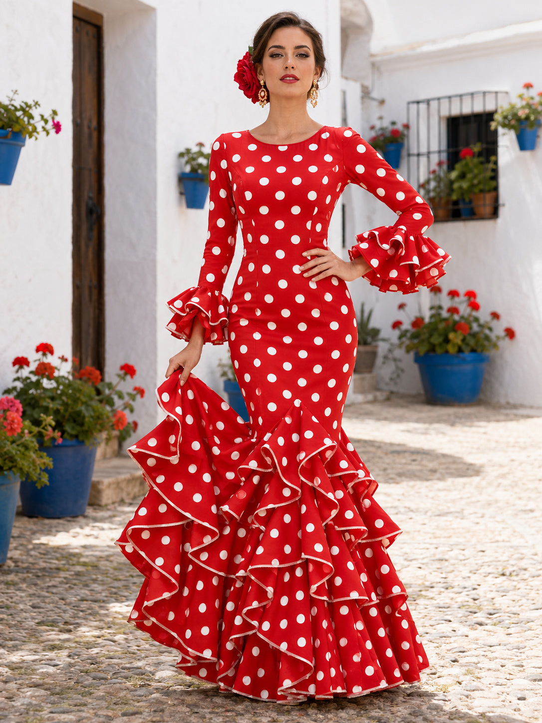 Red White Polka Dot Bateau Long Bell Sleeve Tiered Mermaid Floor Length Flamenco Dress front view