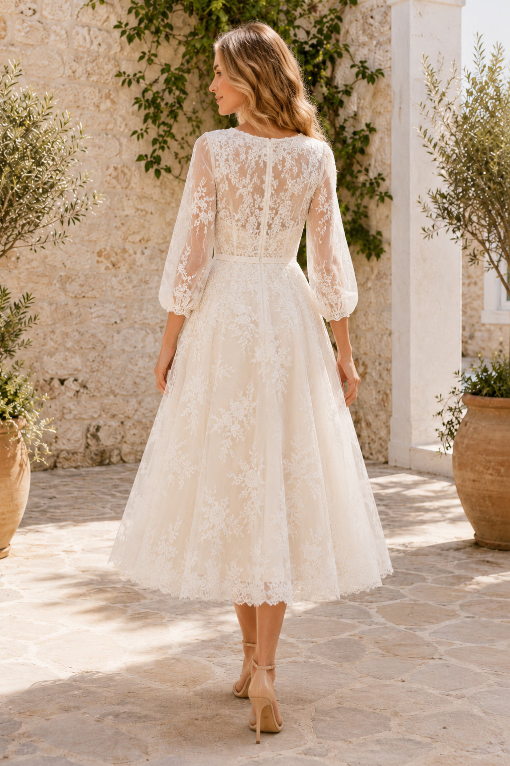 Ivory V-Neck Long Bell Sleeve Lace Tea Length Wedding Dress for Wedding Reception and Party back view