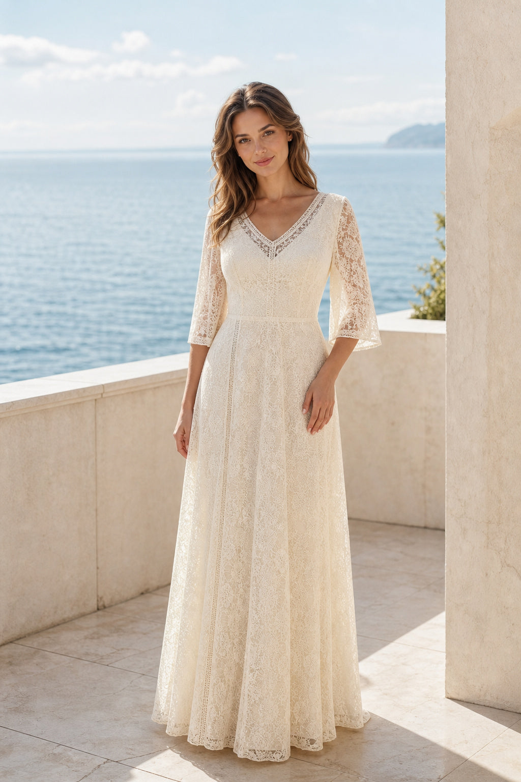 White V-neck Long Sleeves A-Line Chiffon Floor-length Wedding Dress With Lace Bodice and Sweep Train