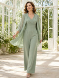 Mother Sage Chiffon Pantsuit with V-Neck Cape Jacket and Wide Leg Pants front view