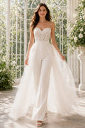 Strapless Lace Bodice Wedding Jumpsuit with Tulle Overskirt front view