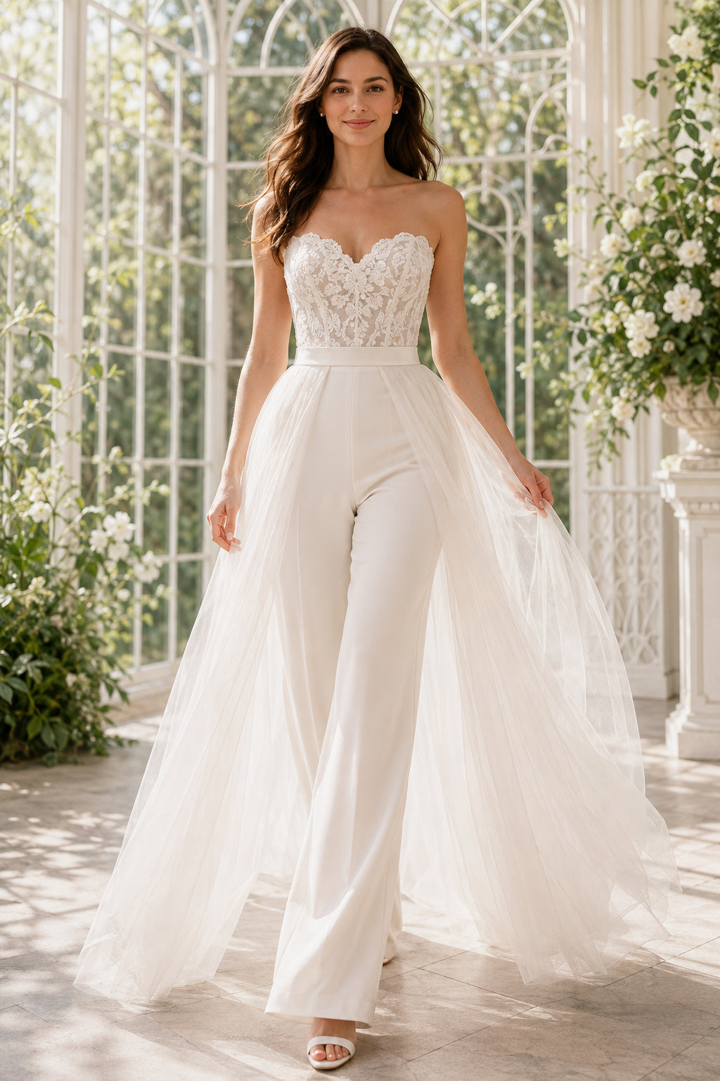 Strapless Lace Bodice Wedding Jumpsuit with Tulle Overskirt front view