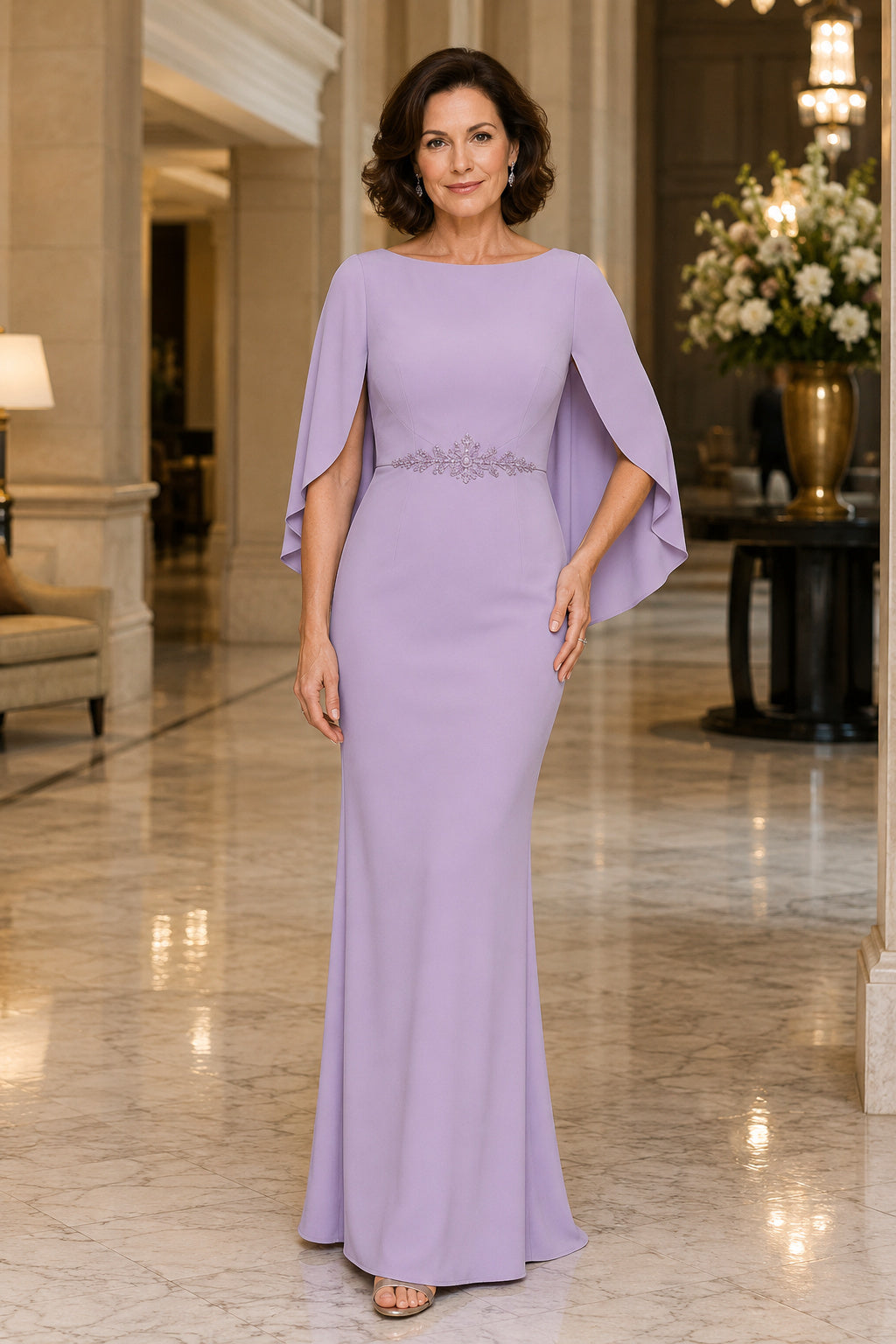 Lavender Bateau Sheath Mother Dress with Long Cape Sleeves and Beaded Waist front view