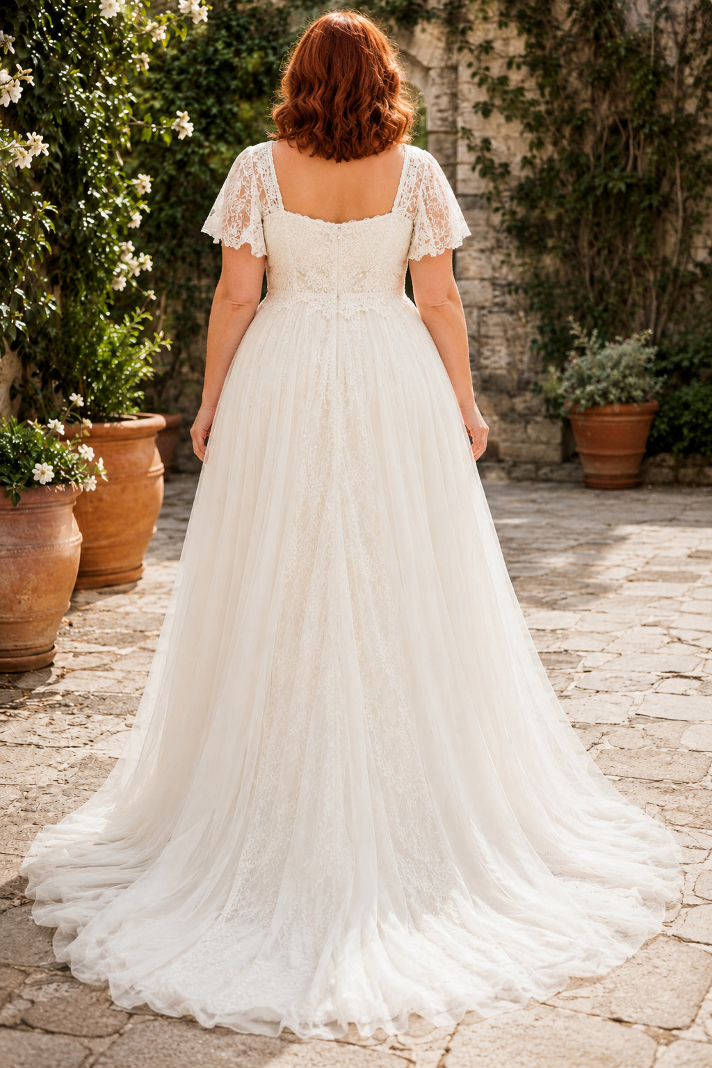Plus Size Ivory Square Neck Cap Sleeve Lace Tulle A-Line Wedding Dress with Cap Sleeves and Soft Chiffon Skirt back view