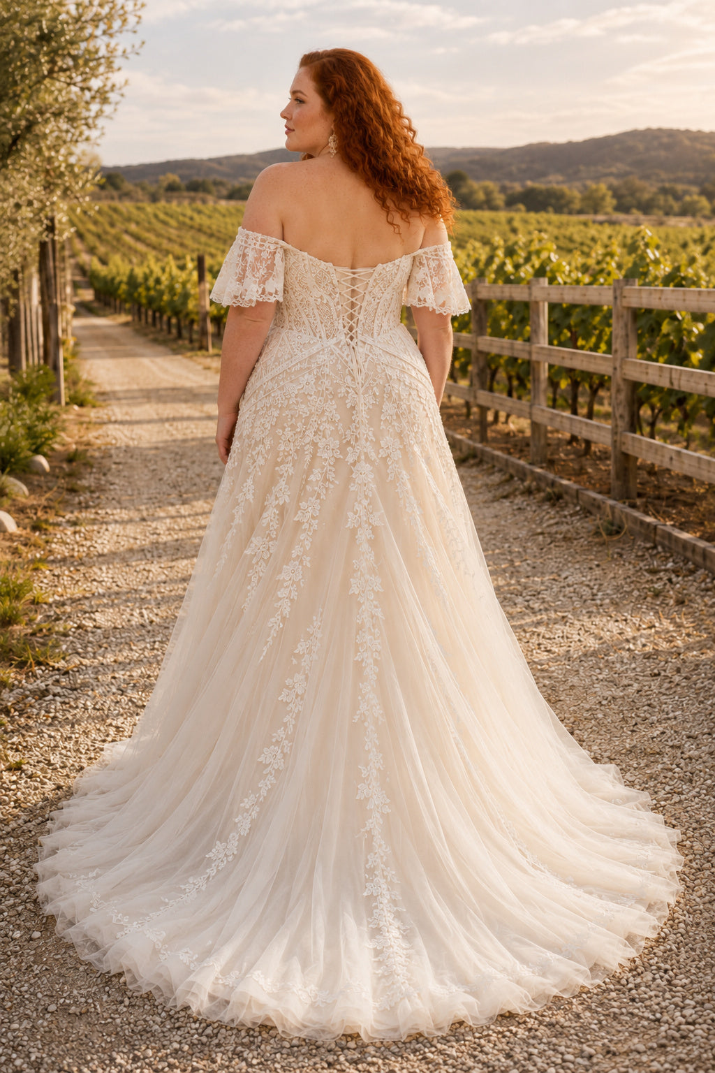 Plus Size Ivory Off-the-Shoulder Lace A-Line Wedding Dress with Chapel Train Style 721061 back view