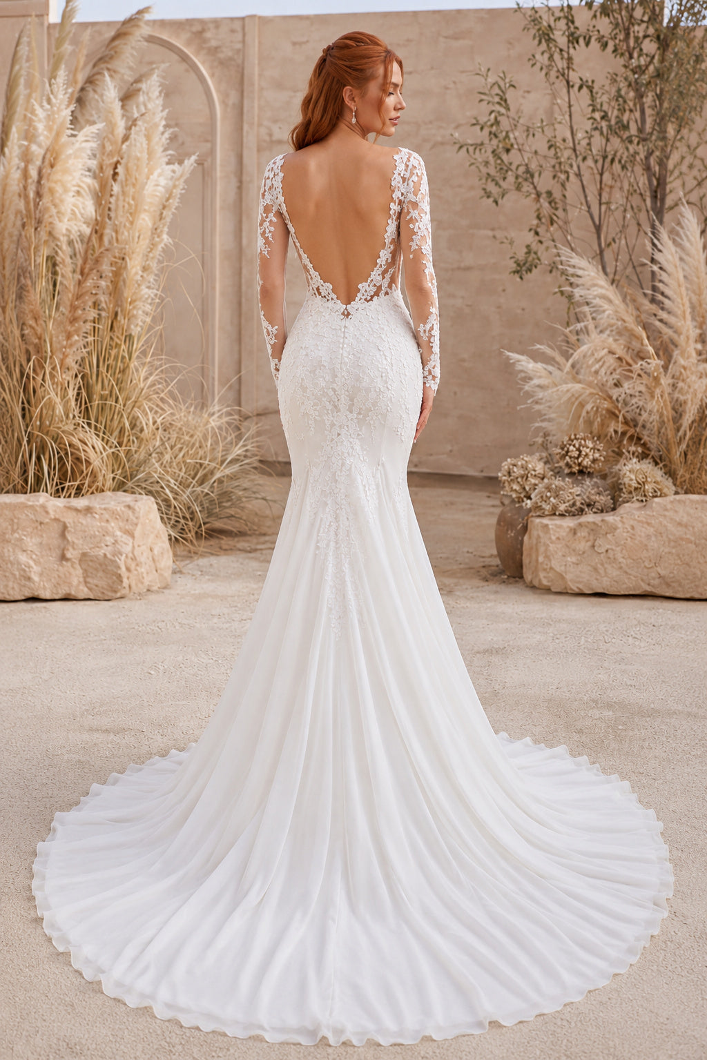Ivory Modern V-Neck Mermaid Crepe Look Satin Wedding Dress with Long Lace Sleeves and Sweep Train back view