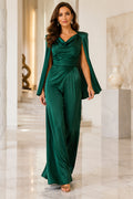 Dark Green Satin Cape Sleeve Jumpsuit with Cowl Neck and Wide Leg Pants for Formal Events front view