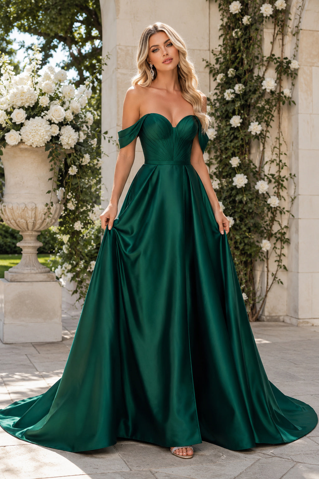 Dark Green Off-the-Shoulder Satin A-Line Prom Dress with Sweep Train front view