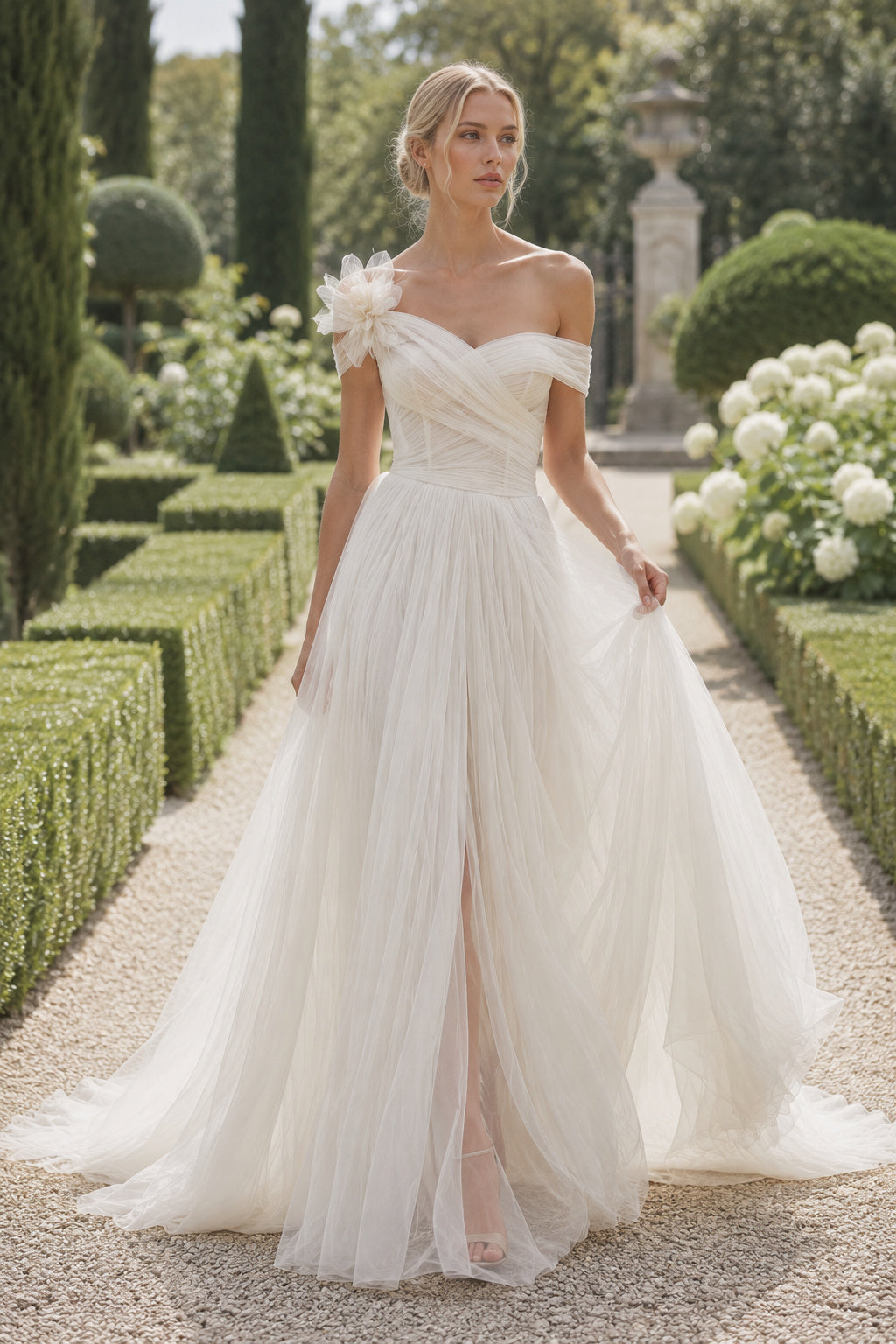 Off-the-Shoulder Tulle A-Line Wedding Dress with Floral Shoulder Detail front view