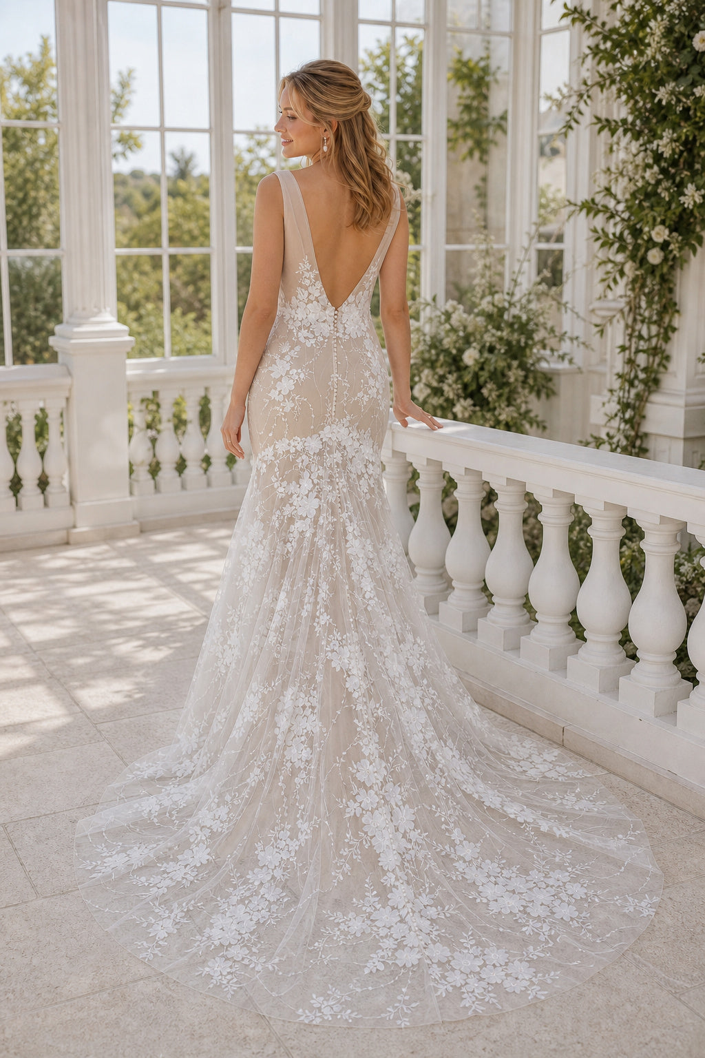 White Halter Mermaid Crepe, Lace Floor-length Wedding Dress With Lace and Beaded Waist and Open Back