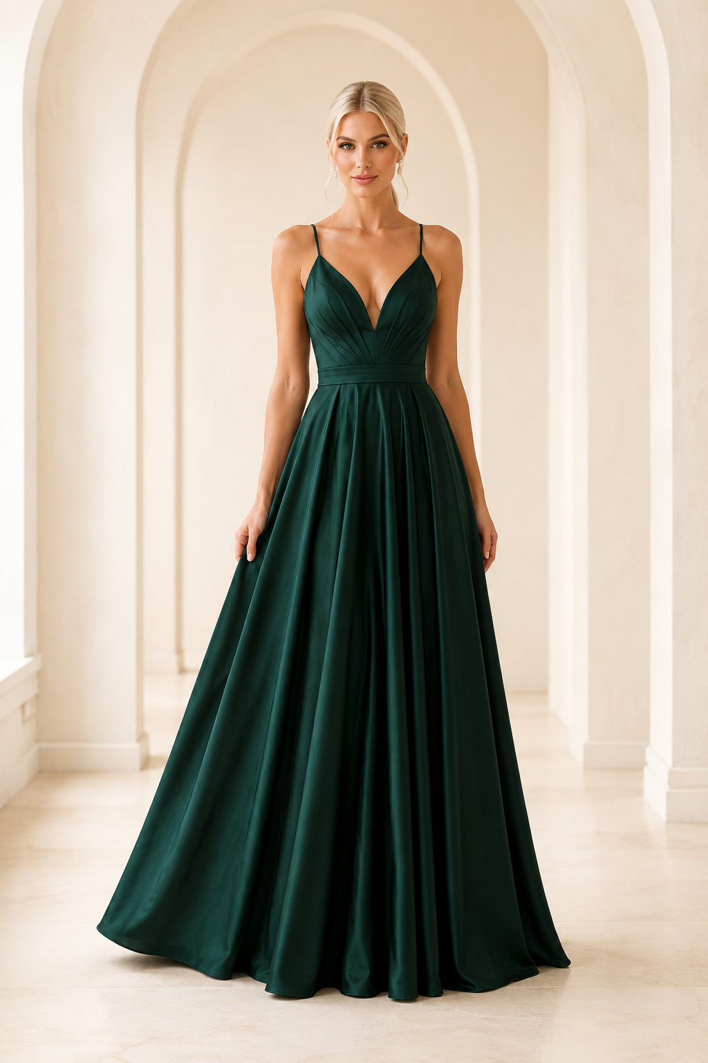 Plus Size Dark Green Spaghetti Strap Satin A-Line Formal Dress with Criss Cross Open Back front view