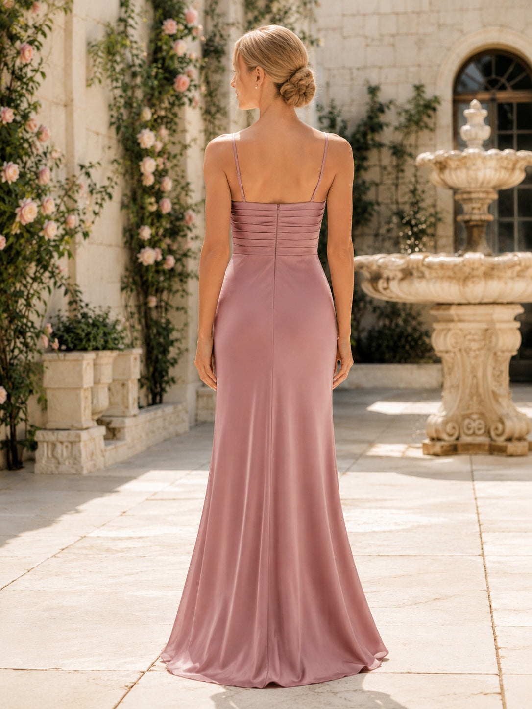 Mauve ruched square neck satin floor length sheath bridesmaid gown back view