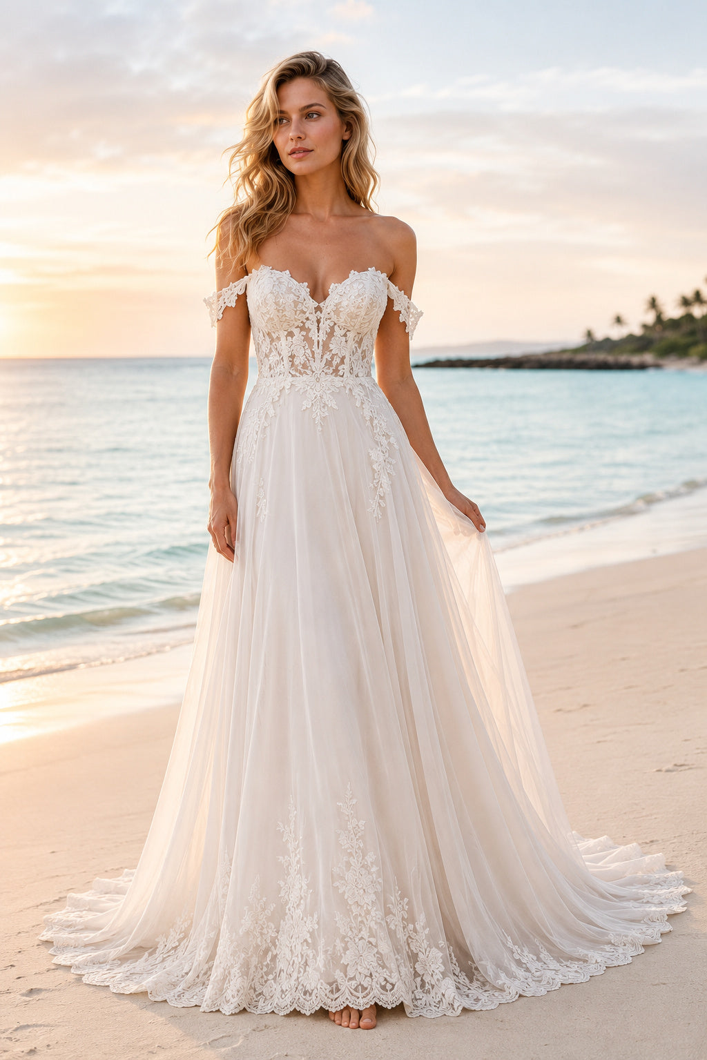 Ivory Off Shoulder Lace A-Line Wedding Dress Chapel Train for Bridal Ceremony and Reception front view