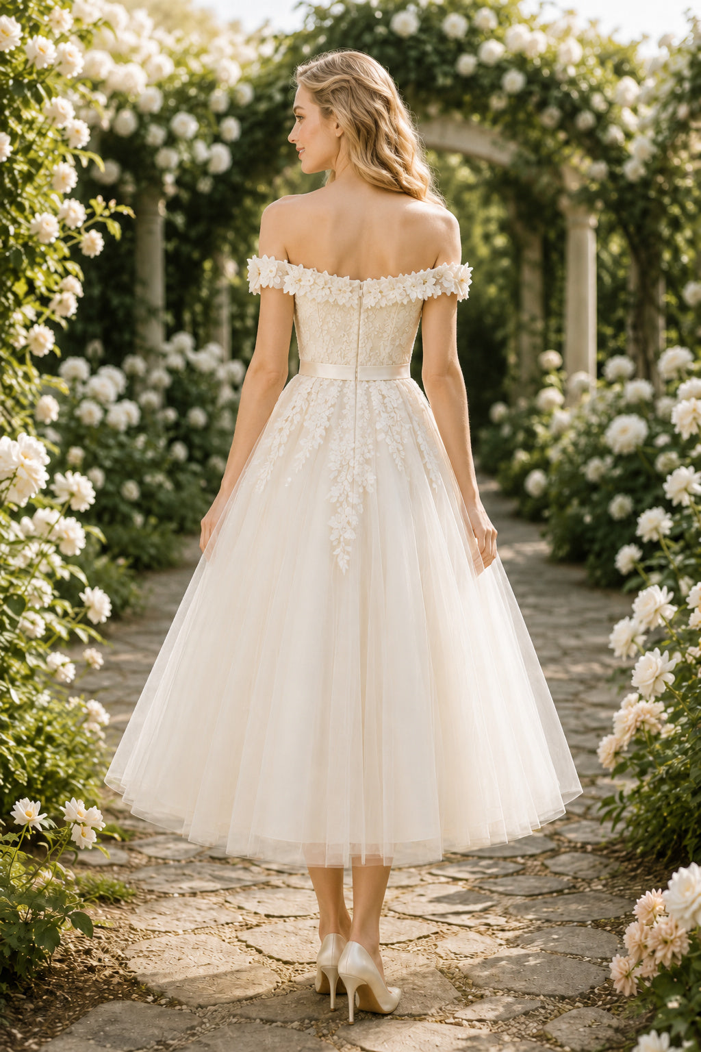 Ivory Off Shoulder Lace Bodice with Bow Detail and Tulle Skirt Tea Length A-Line Wedding Dress back view