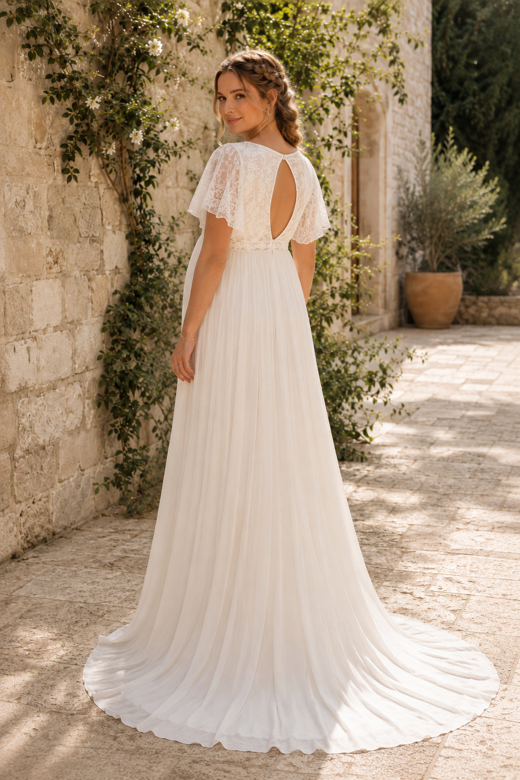 Ivory Short Sleeve Chiffon Maternity Wedding Dress with Keyhole Back back view