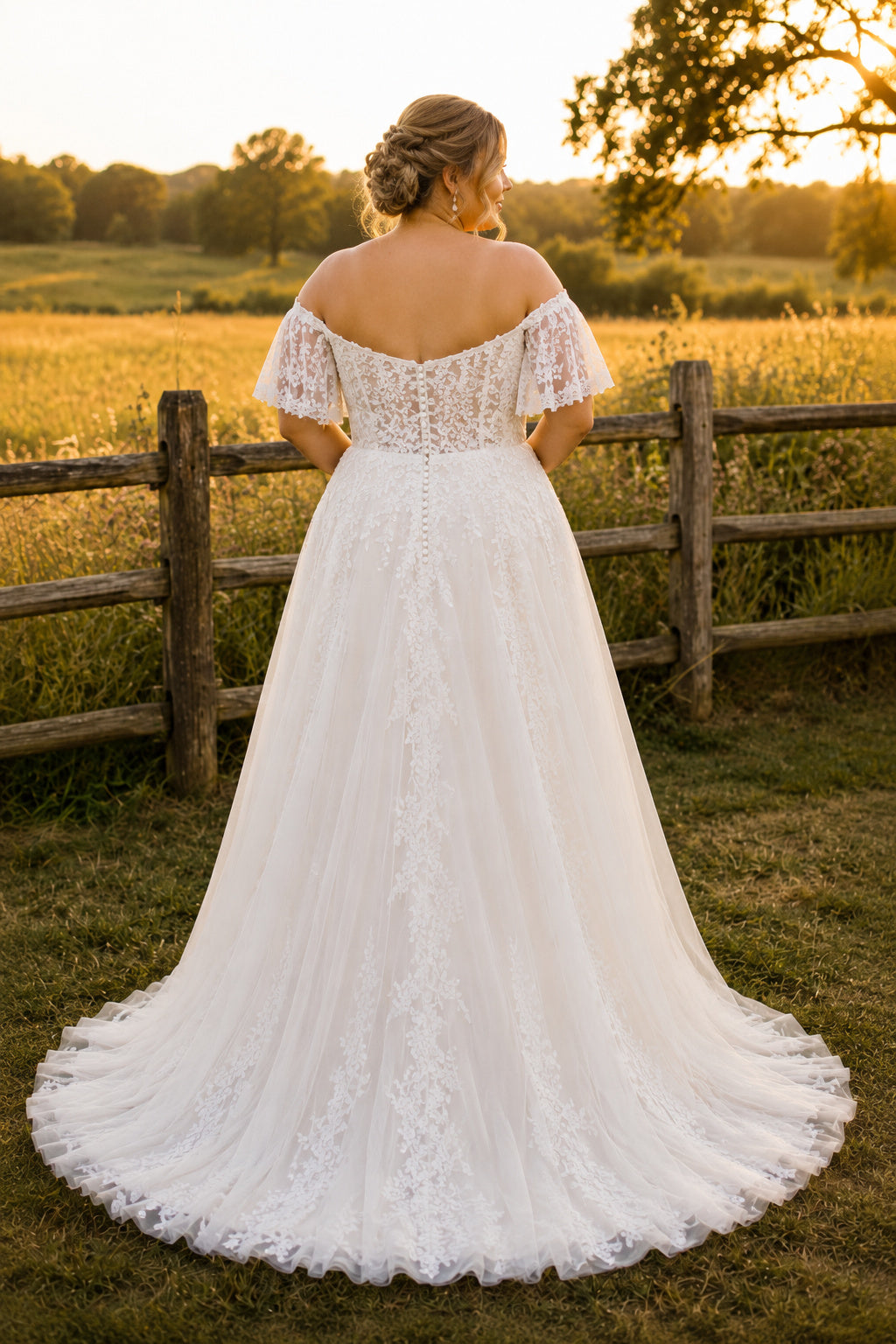 Plus Size Ivory Off-the-Shoulder Sweetheart Flutter Sleeve Lace Tulle A-Line Wedding Dress with Flutter Sleeves and Lace Swee