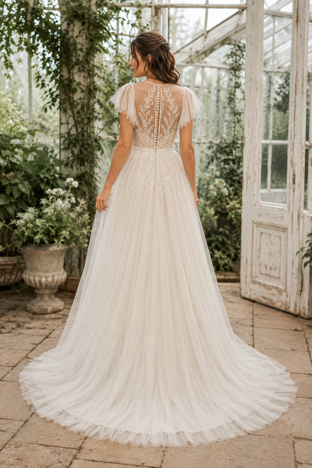 Bateau Cap Sleeve A-Line Wedding Dress with Illusion Lace Bodice and Tulle Train back view