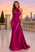 Evening Gown Fuchsia Satin Mermaid Halter Sleeveless Ruched Floor Length front view