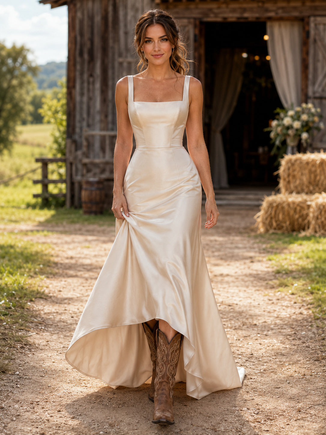 Casual High-Low Country Wedding Dress with Square Neck Satin and Pleated Skirt front view