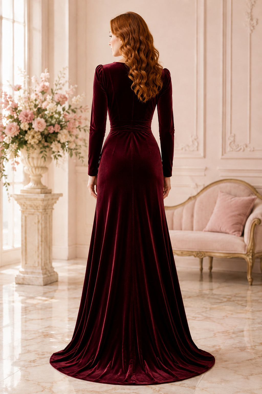 Burgundy Long Sleeve Velvet Mermaid Evening Dress with V-Neck back view