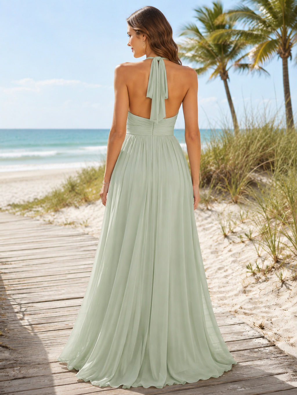 Beach Sage Chiffon Bridesmaid Dress A-Line Halter Floor Length Tie Back Gown back view