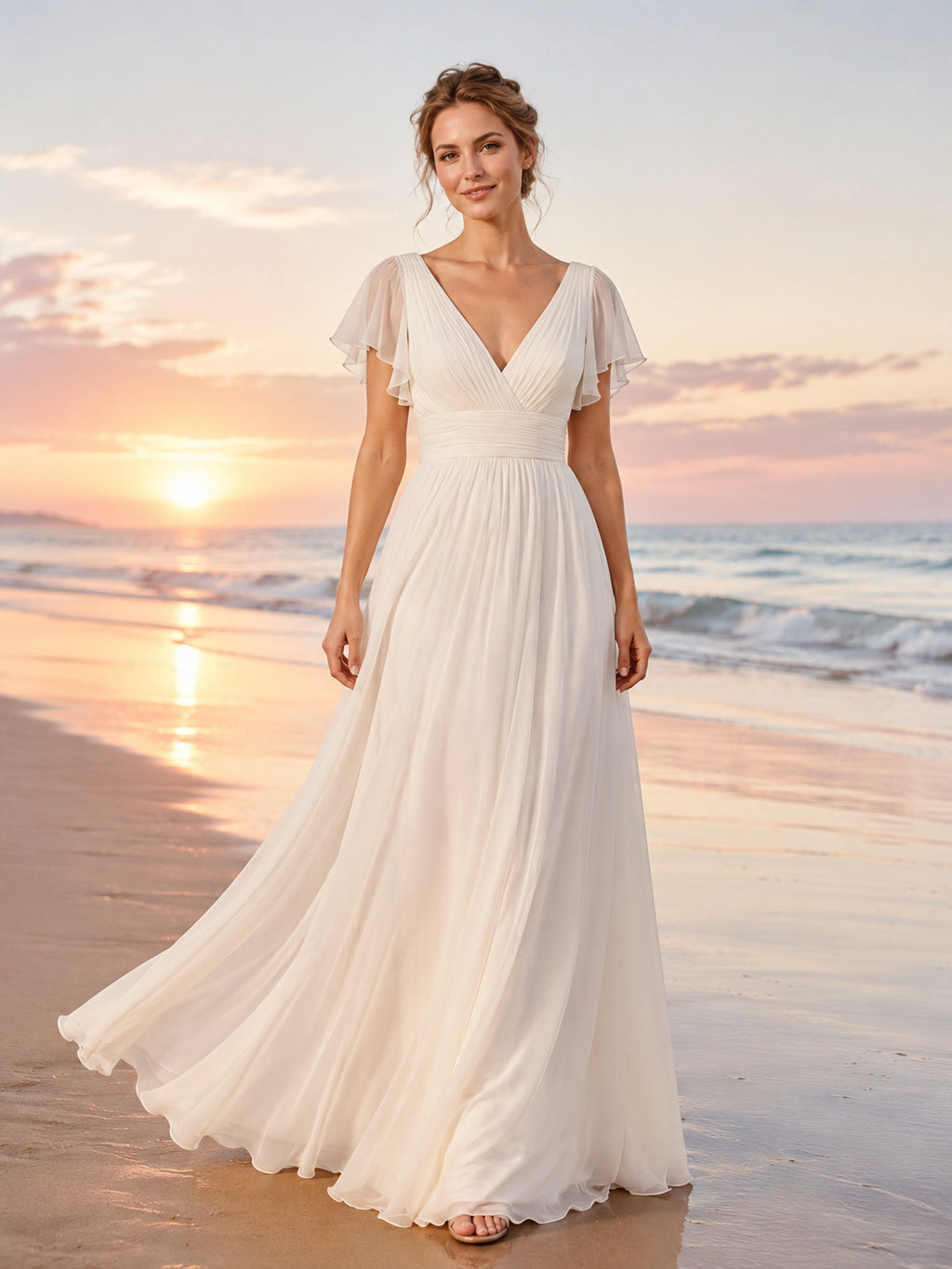 Petite Flutter Sleeve V-Neck Chiffon Beach Wedding Dress front view