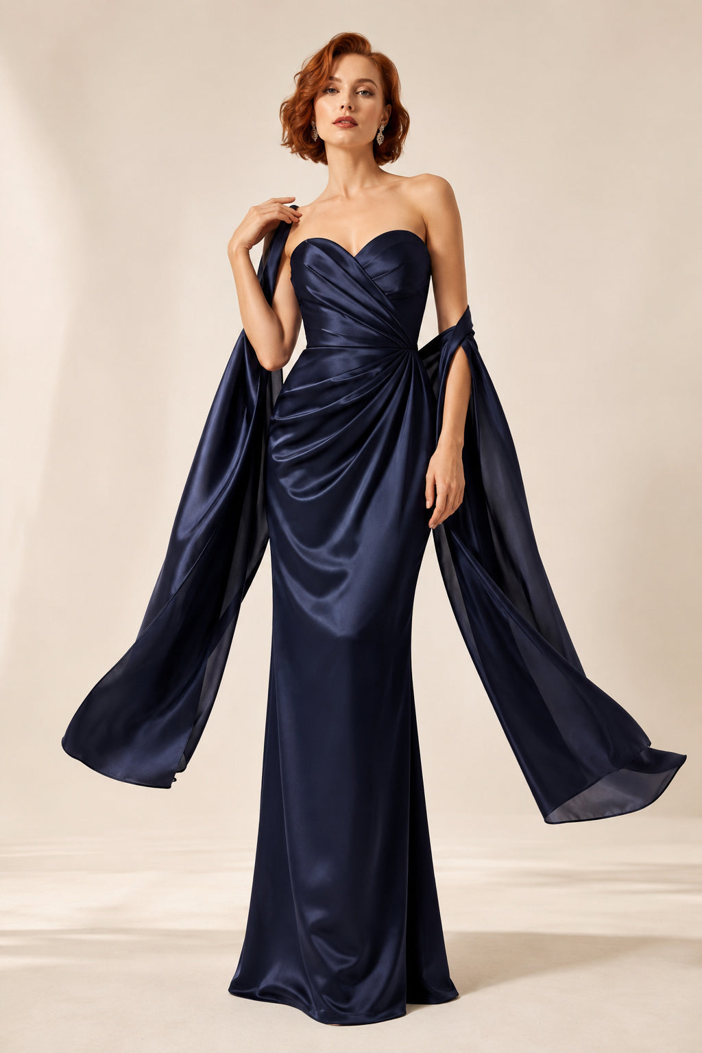 Dark Navy Strapless Sweetheart Satin Sheath Evening Gown With Sheer Cape Drape Evening Dress front view