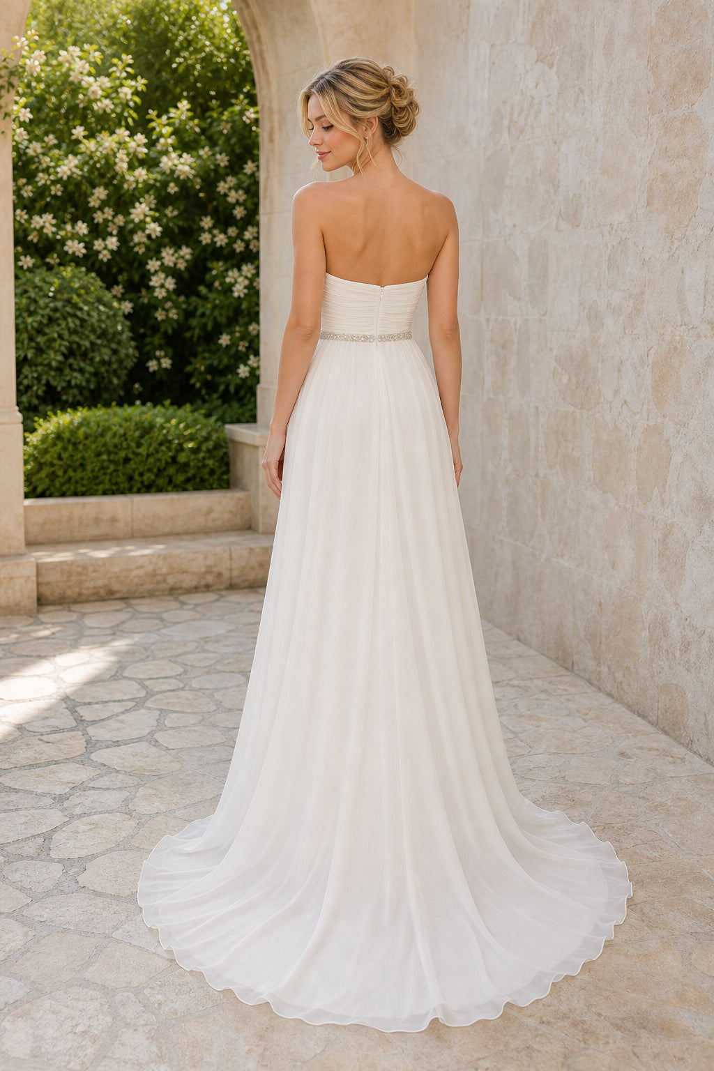 Ivory Strapless Sweetheart A-Line Chiffon Wedding Dress With Beaded Belt