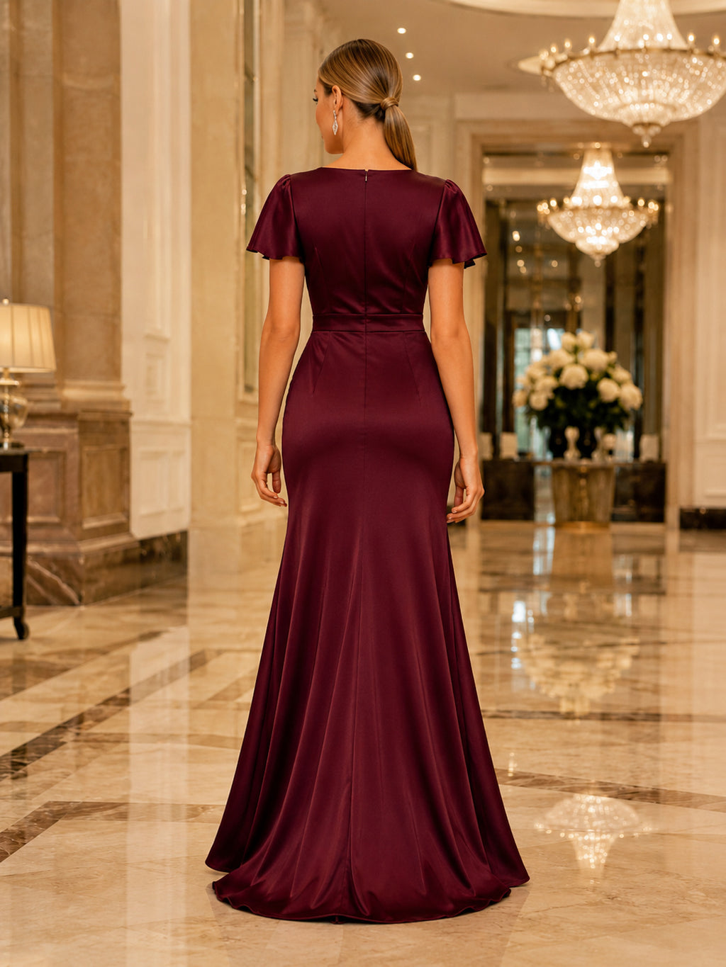Burgundy V Neck Satin Flutter Sleeve Evening Dress back view