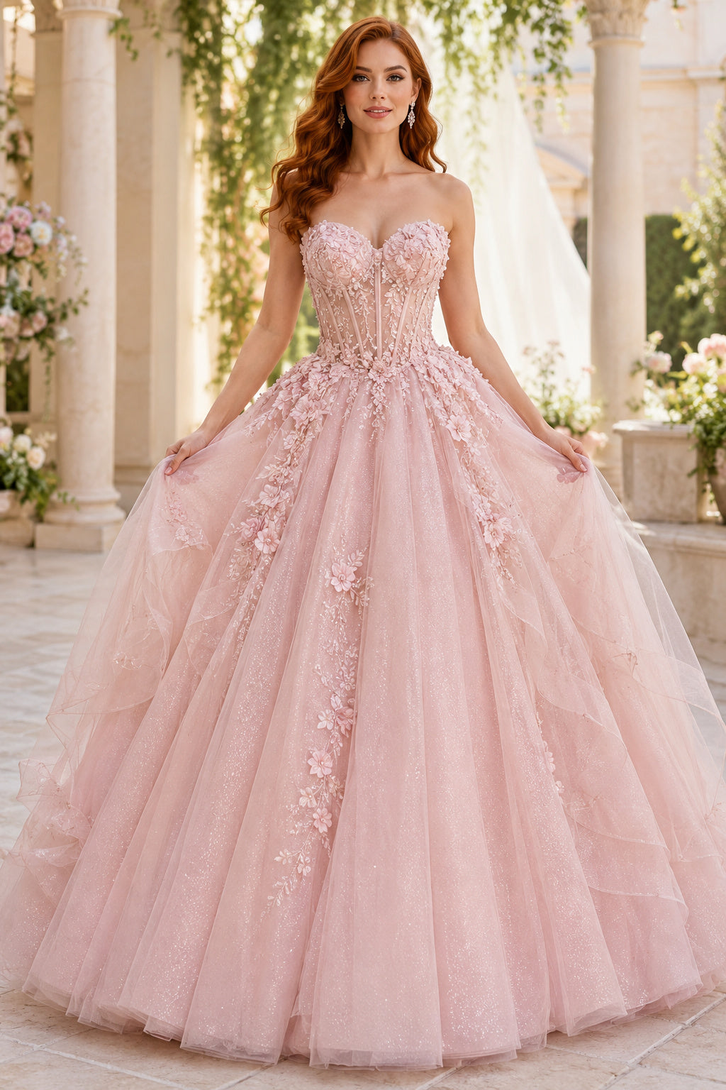 Blushing Pink Strapless Tulle Ball Gown Prom Dress with Floral Applique front view