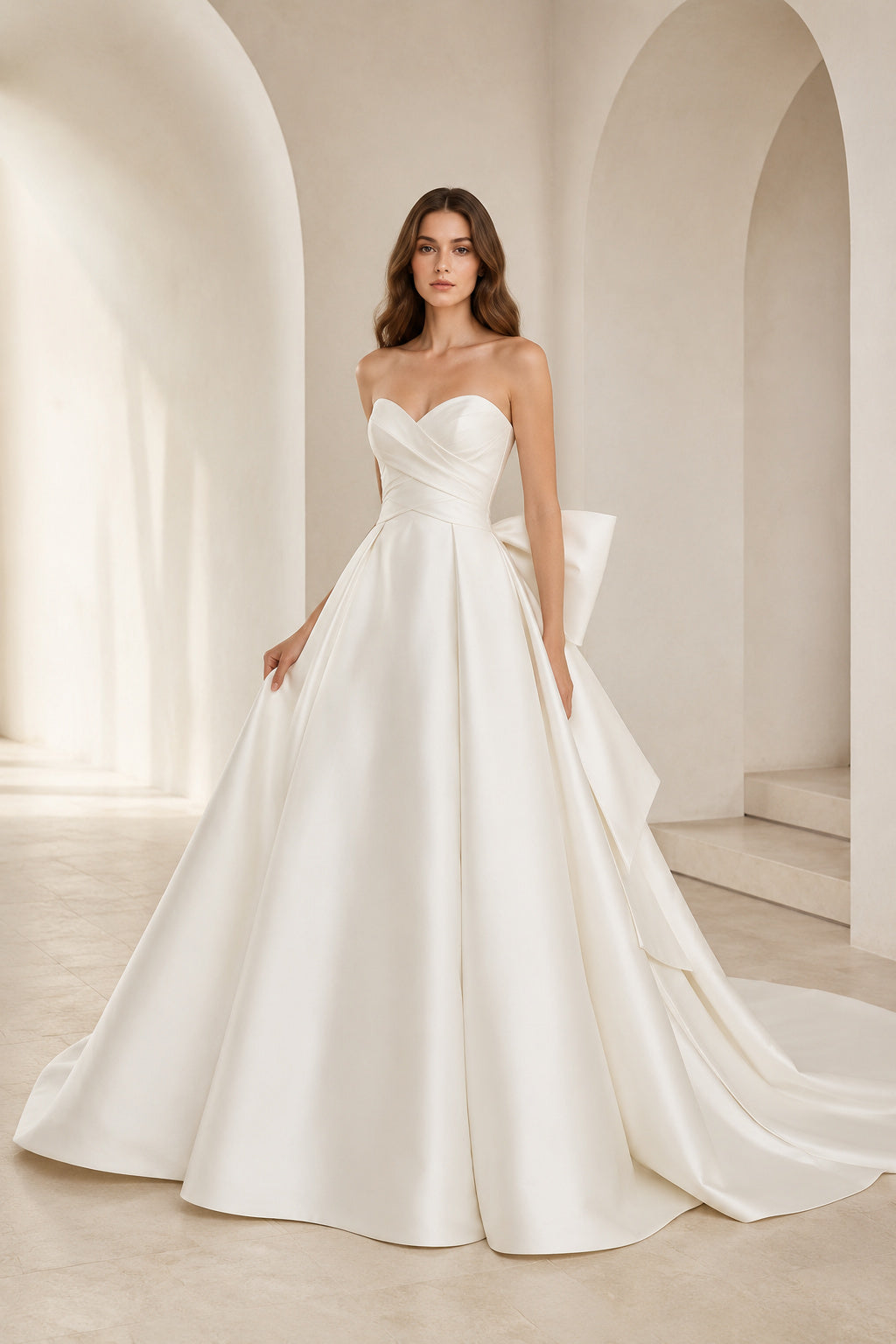 White Strapless Satin Ball Gown Wedding Dress with Back Bow front view