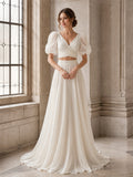 Wrapped V Neck Puff Sleeve Chiffon Courthouse Bridal Set front view