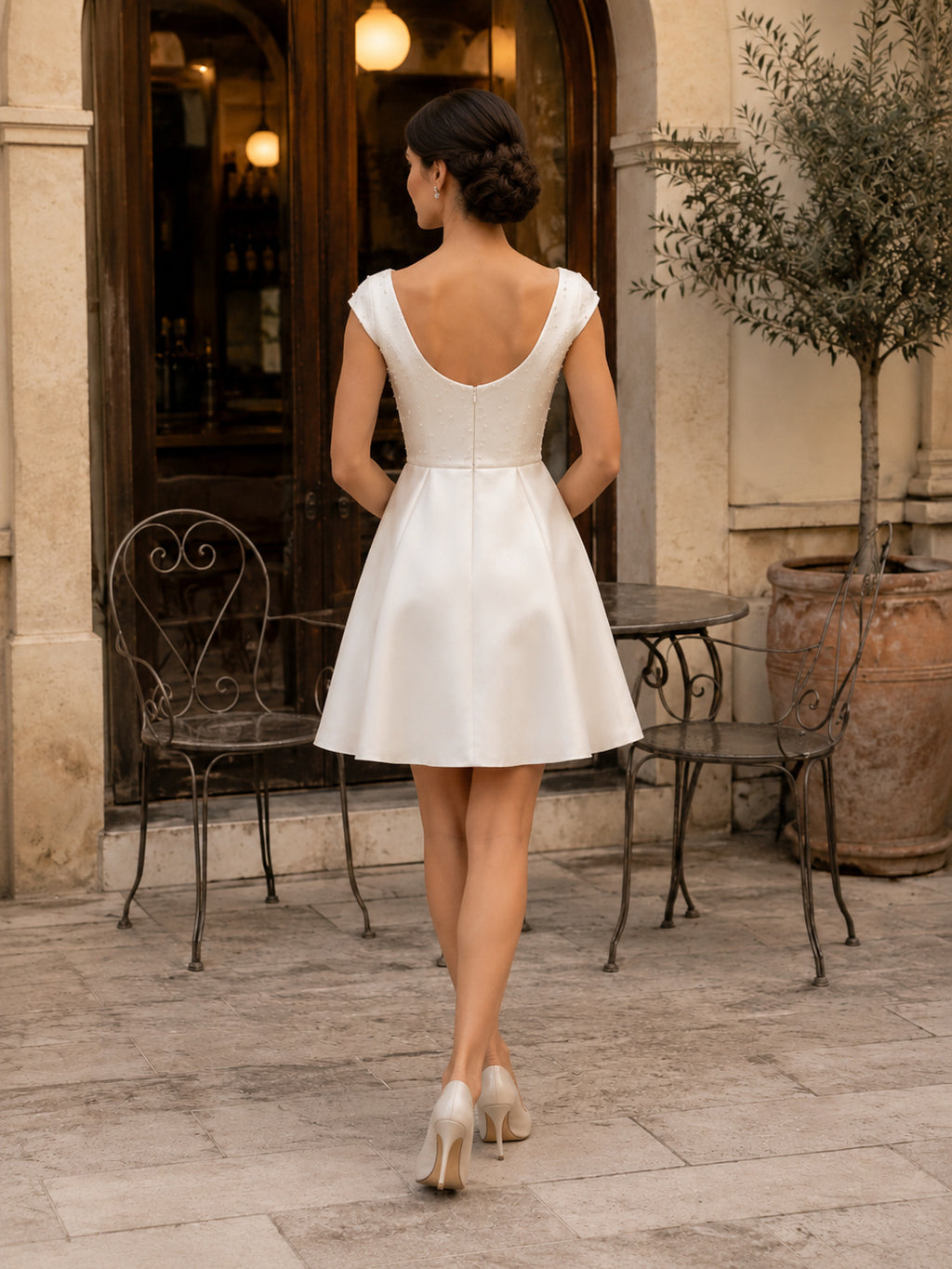 Short Scoop Cap Sleeve Simple Vintage Bridal Dress back view