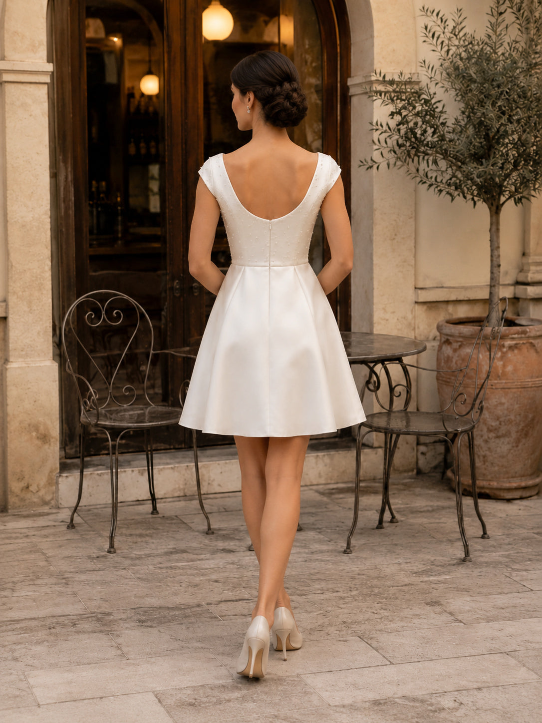 Short Scoop Cap Sleeve Simple Vintage Bridal Dress back view