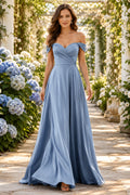 Steel Blue Off-the-Shoulder Satin A-Line Bridesmaid Dress with Sweetheart Neck and Side Split front view