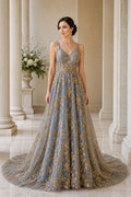 Gray V-neck Spaghetti Strap Ball Gown Tulle Floor-Length Dress With Gold Lace Appliques