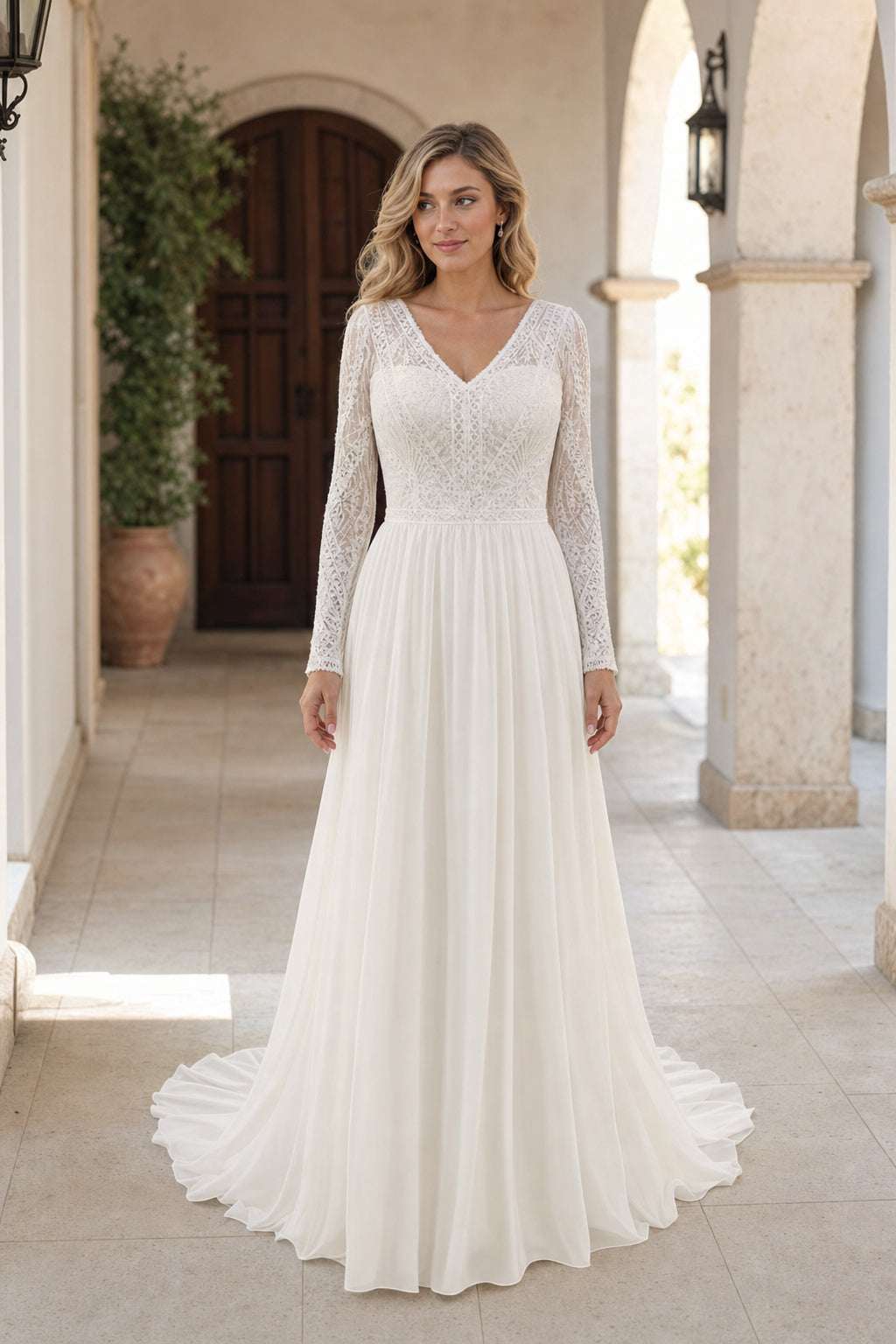 White Off-the-shoulder Flutter Sleeves A-Line Satin Floor-length Wedding Dress With Layered Skirt and Beaded Bodice and Open Back Lace Hem Detail
