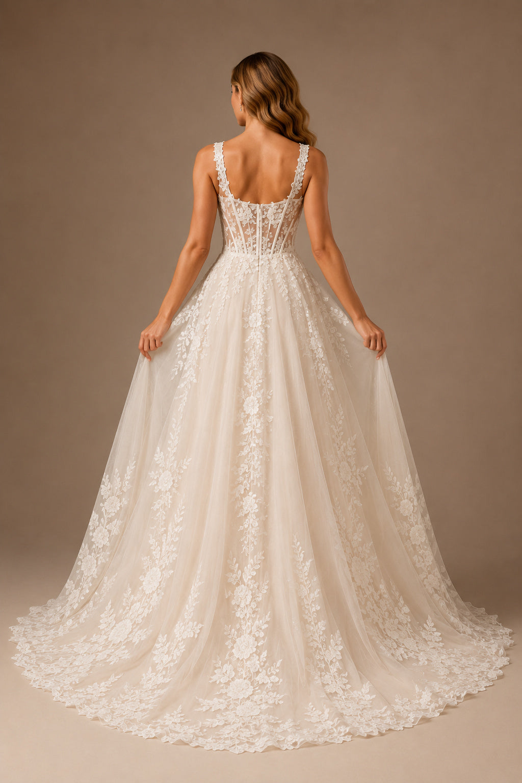 Wedding A-Line Lace Dress with Square Neck Straps and Chapel Train back view