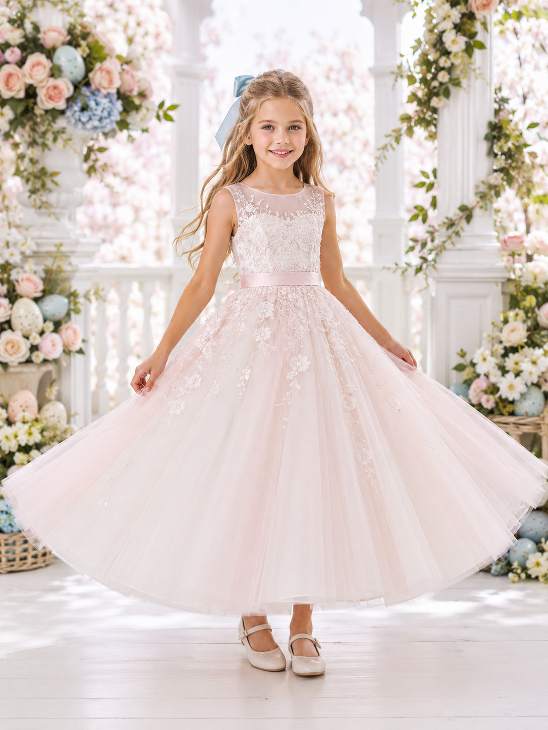 Luxury Romantic Flower Girl Dress Jewel Neck Sleeveless Pearl Pink Tulle Ball Gown Satin Waist front view