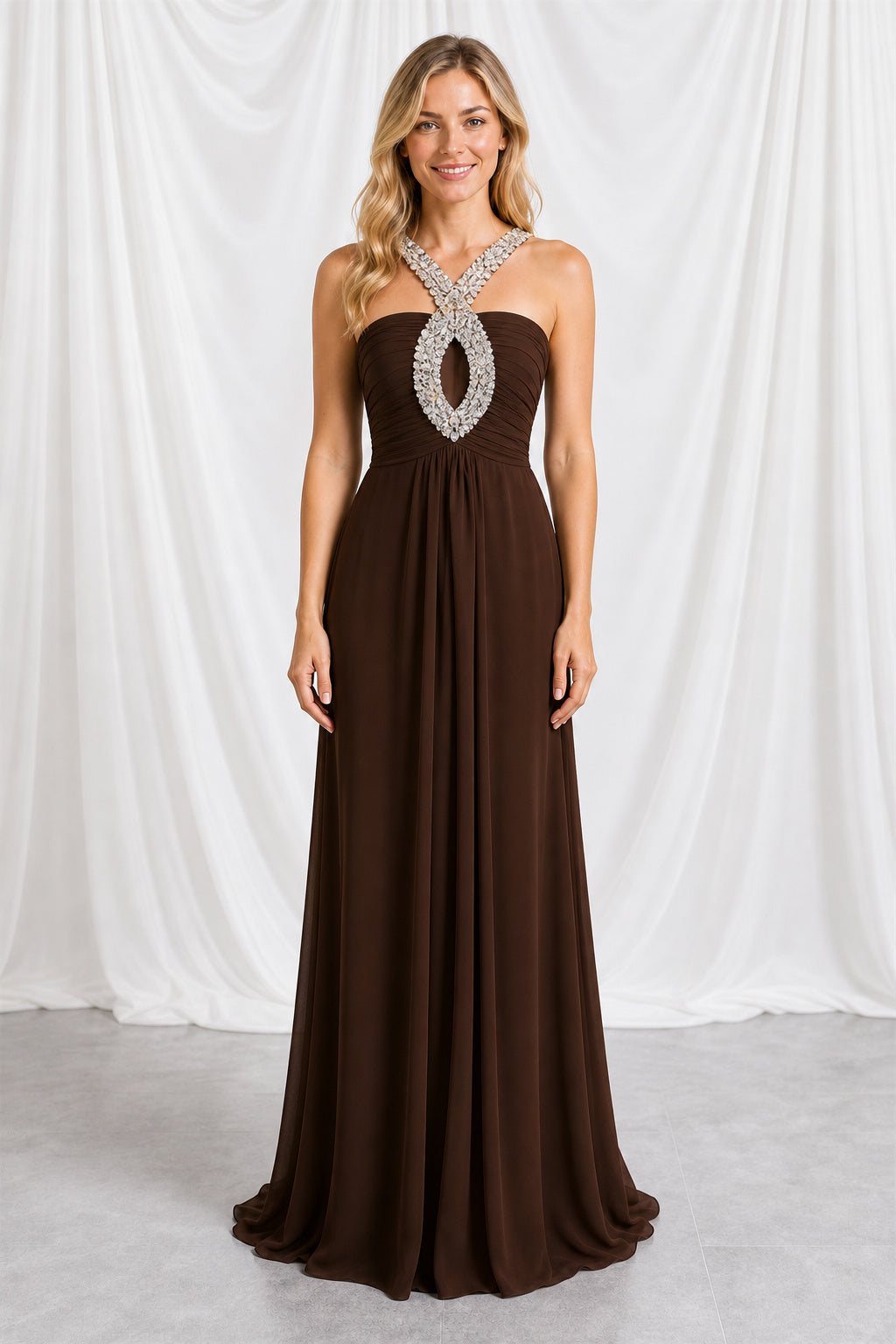 Chocolate Halter A-Line Chiffon Floor-Length Dress With Beaded Cutout Neckline