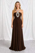 Chocolate Halter A-Line Chiffon Floor-Length Dress With Beaded Cutout Neckline